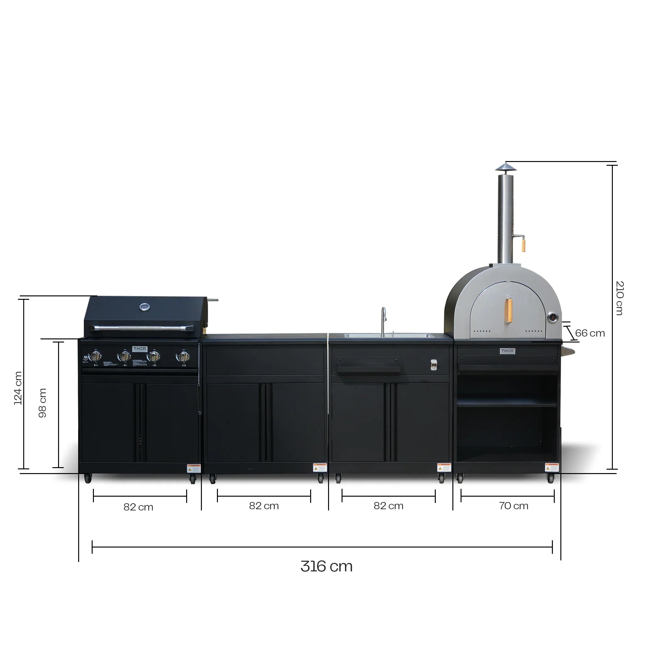 Outdoor kitchen set with grill, oven, and sink, black finish, dimensions labeled in centimeters